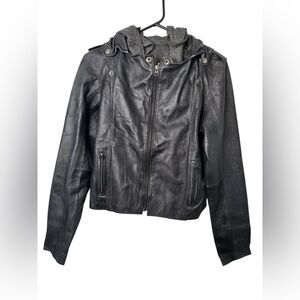 JKT Black Leather Biker Jacket with Detachable Hood